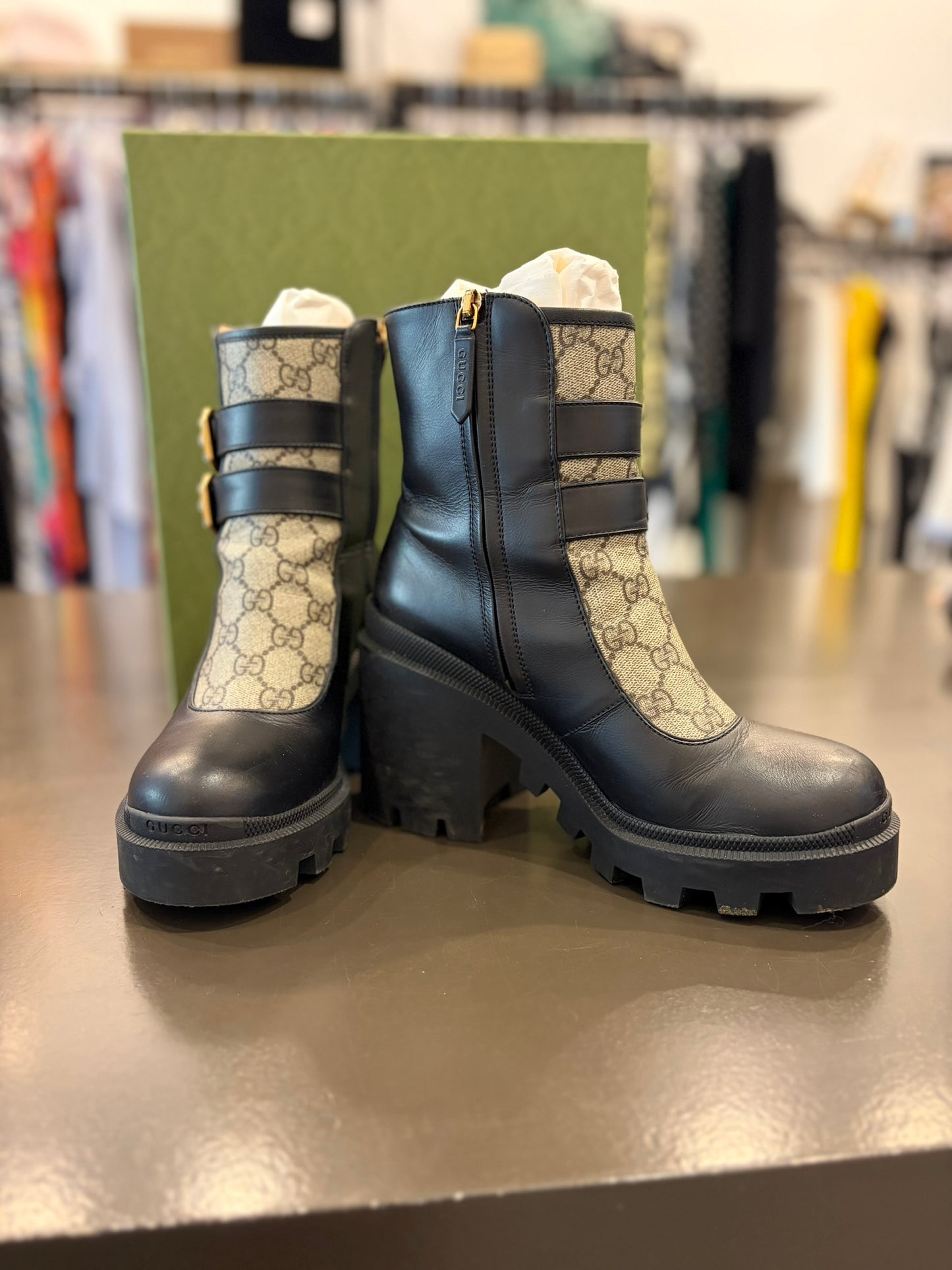 Gucci Kensington GG Canvas Lug Sole Angkle Boots - Size 39+