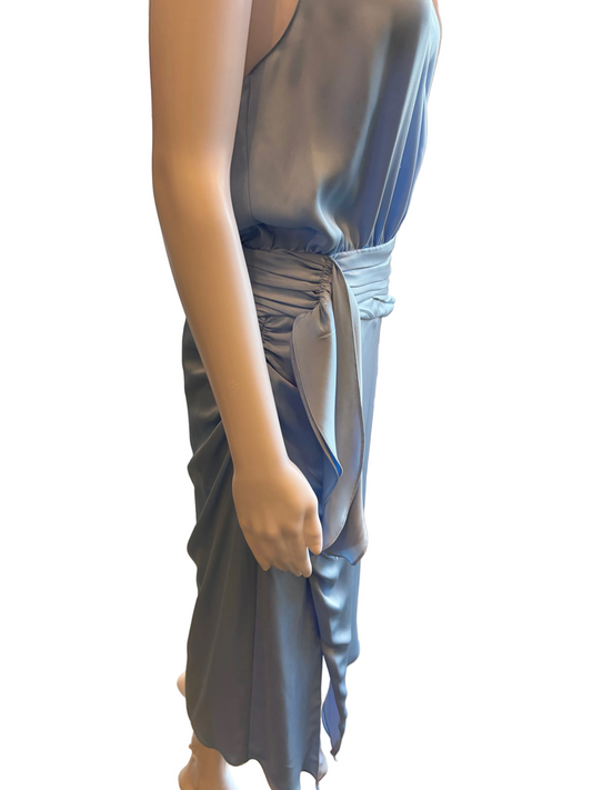 Ramy Brook Sky Blue Satin Halter Midi Dress Ruched Waist /Assym Hem - Size 4