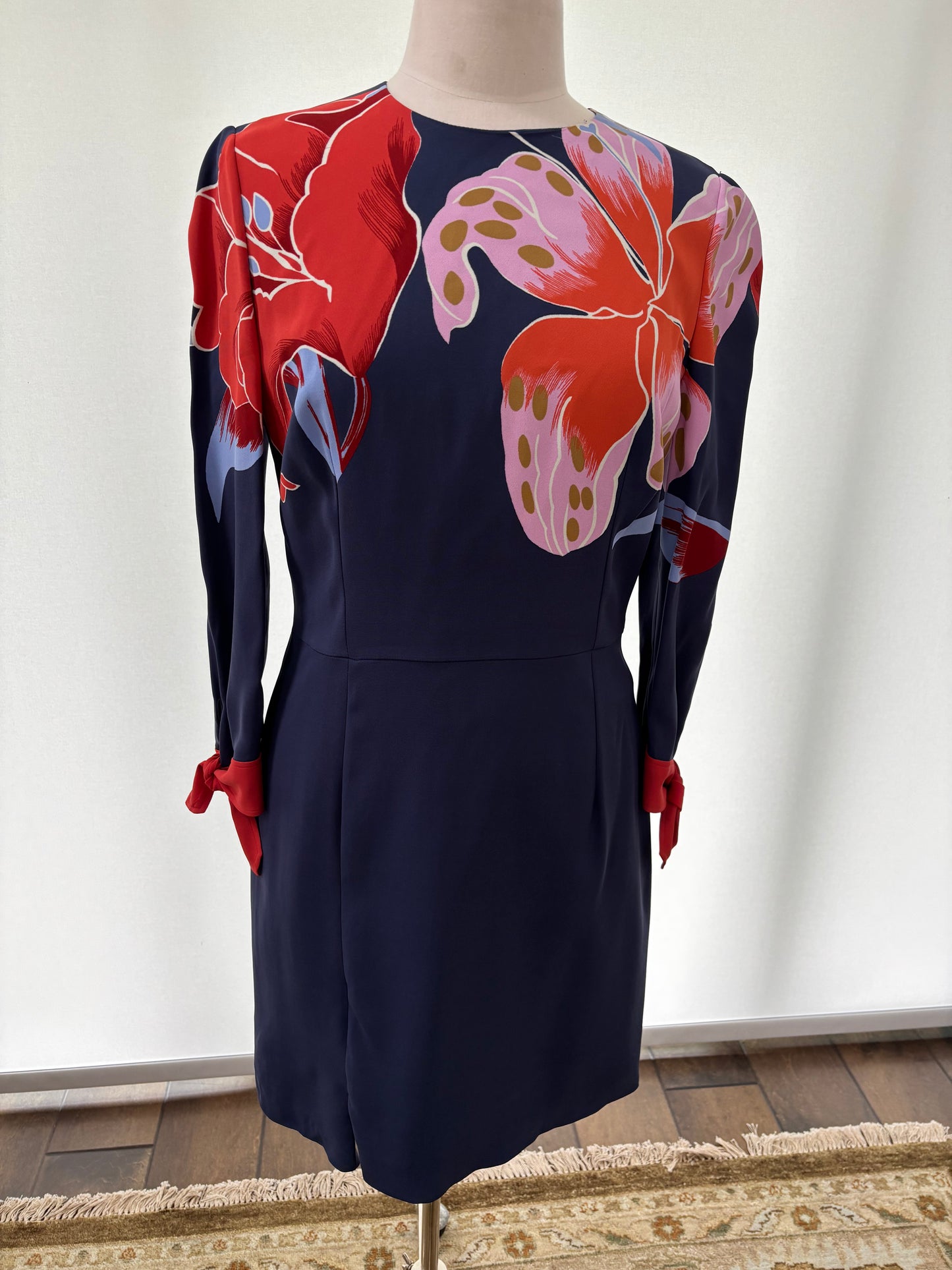 ETRO Navy Floral Dress with Red Tie Detail size 46