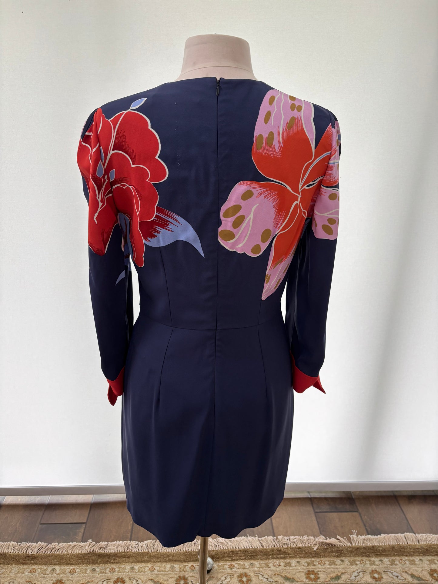 ETRO Navy Floral Dress with Red Tie Detail size 46