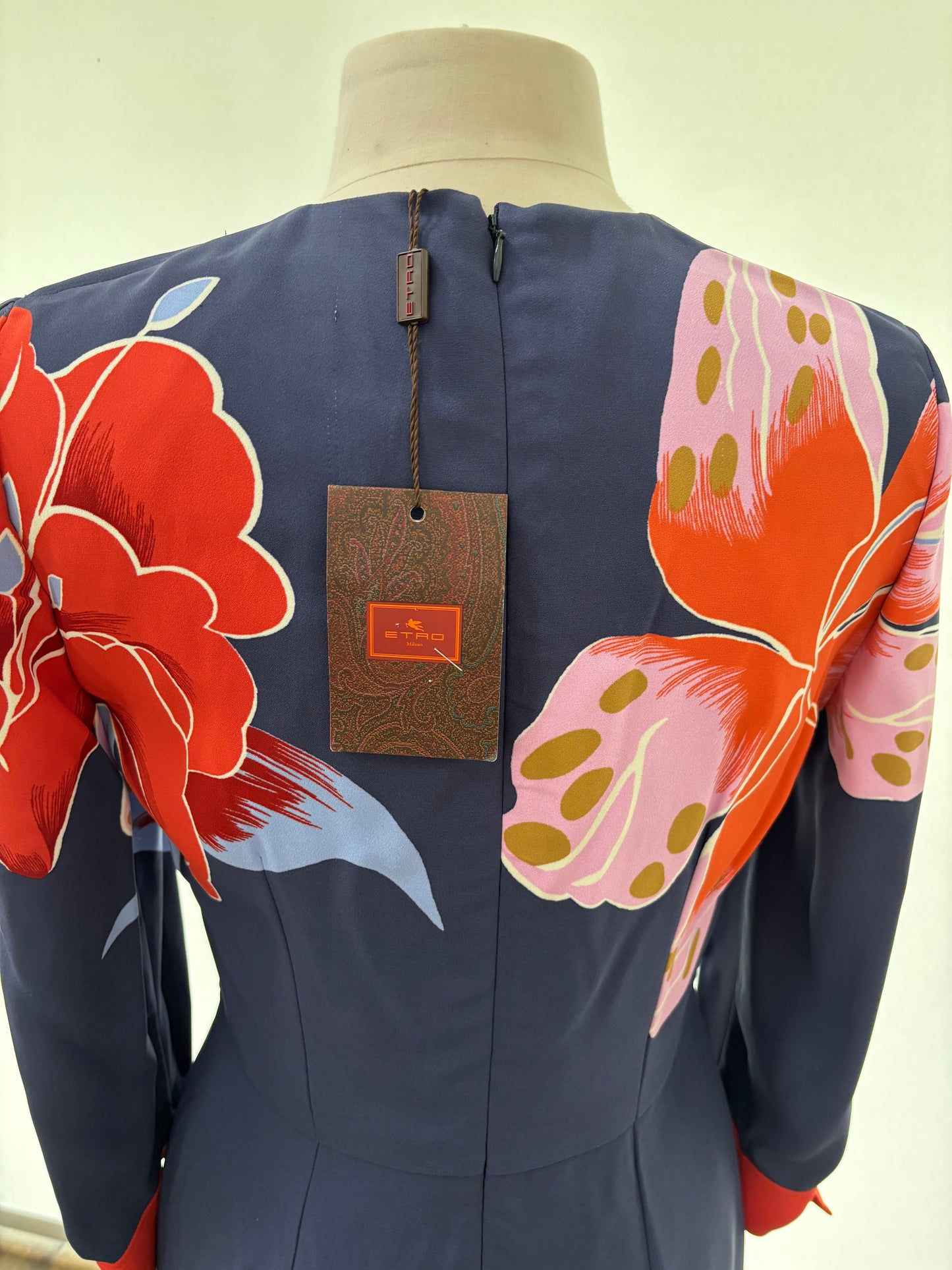 ETRO Navy Floral Dress with Red Tie Detail size 46