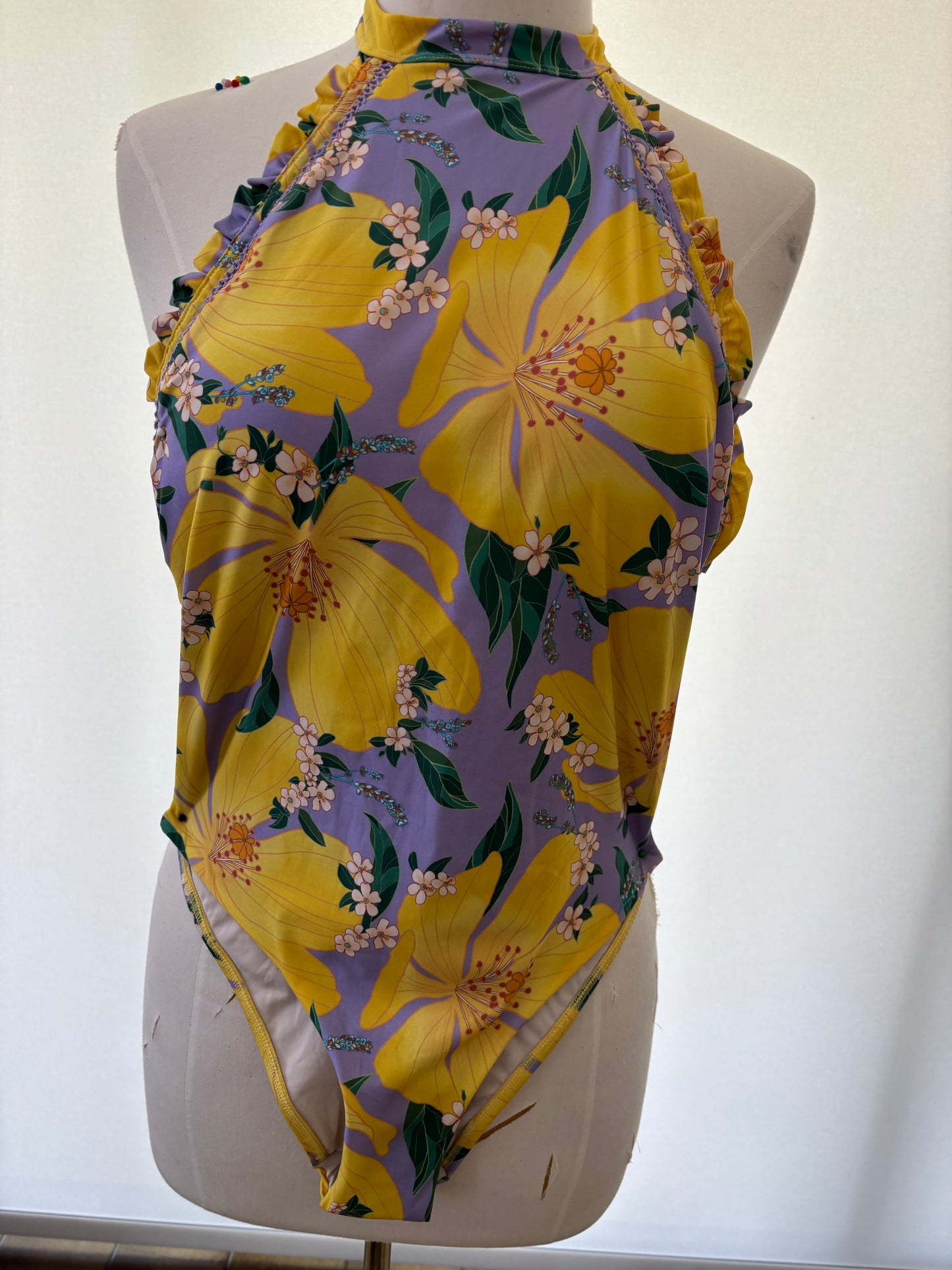 Farm Rio One piece Bathing Suit Floral Yellow Floral Halter Neck