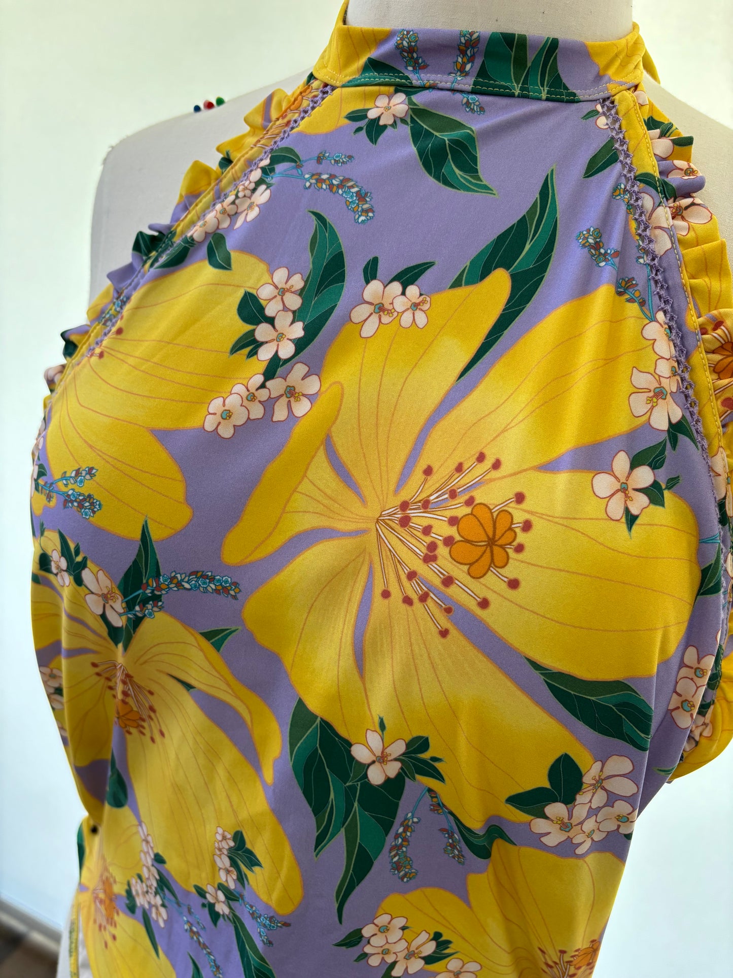 Farm Rio One piece Bathing Suit Floral Yellow Floral Halter Neck
