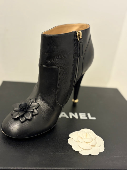 Chanel Lambskin Black Floral Ankle Boots w/box - 38