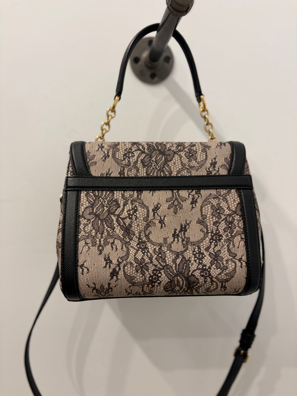 Dolce & Gabbana Black & Beige Lace Print Padlock Shoulder Bag w/gold hardware