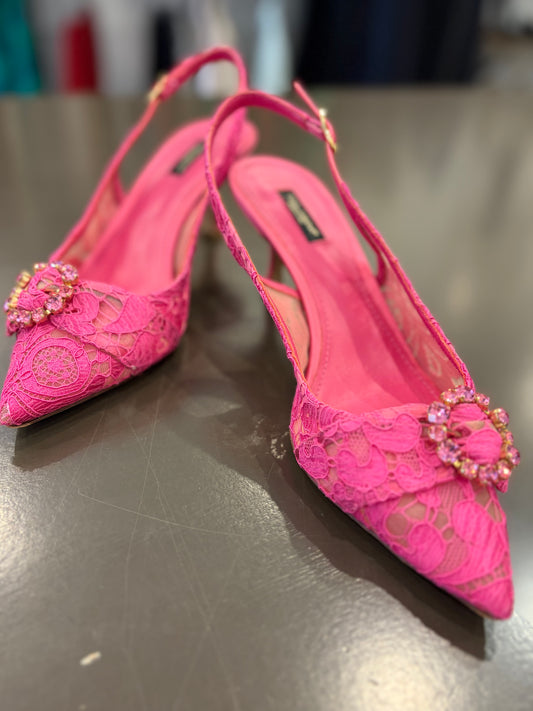 Dolce & Gabbana Pink Lace Crystal Slingback Heels – Size 41