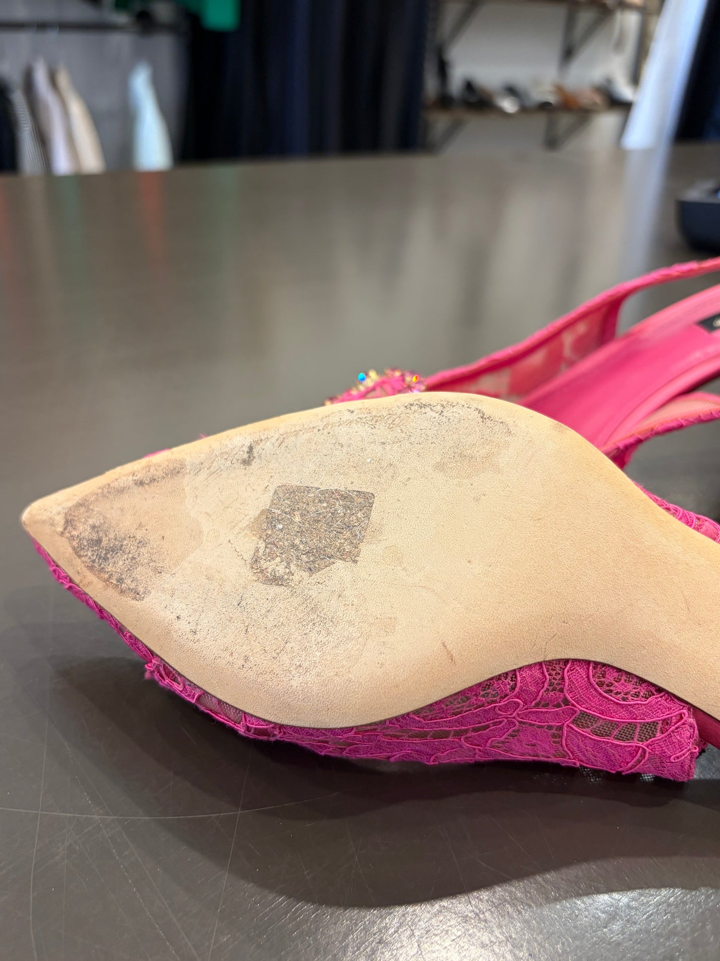 Dolce & Gabbana Pink Lace Crystal Slingback Heels – Size 41