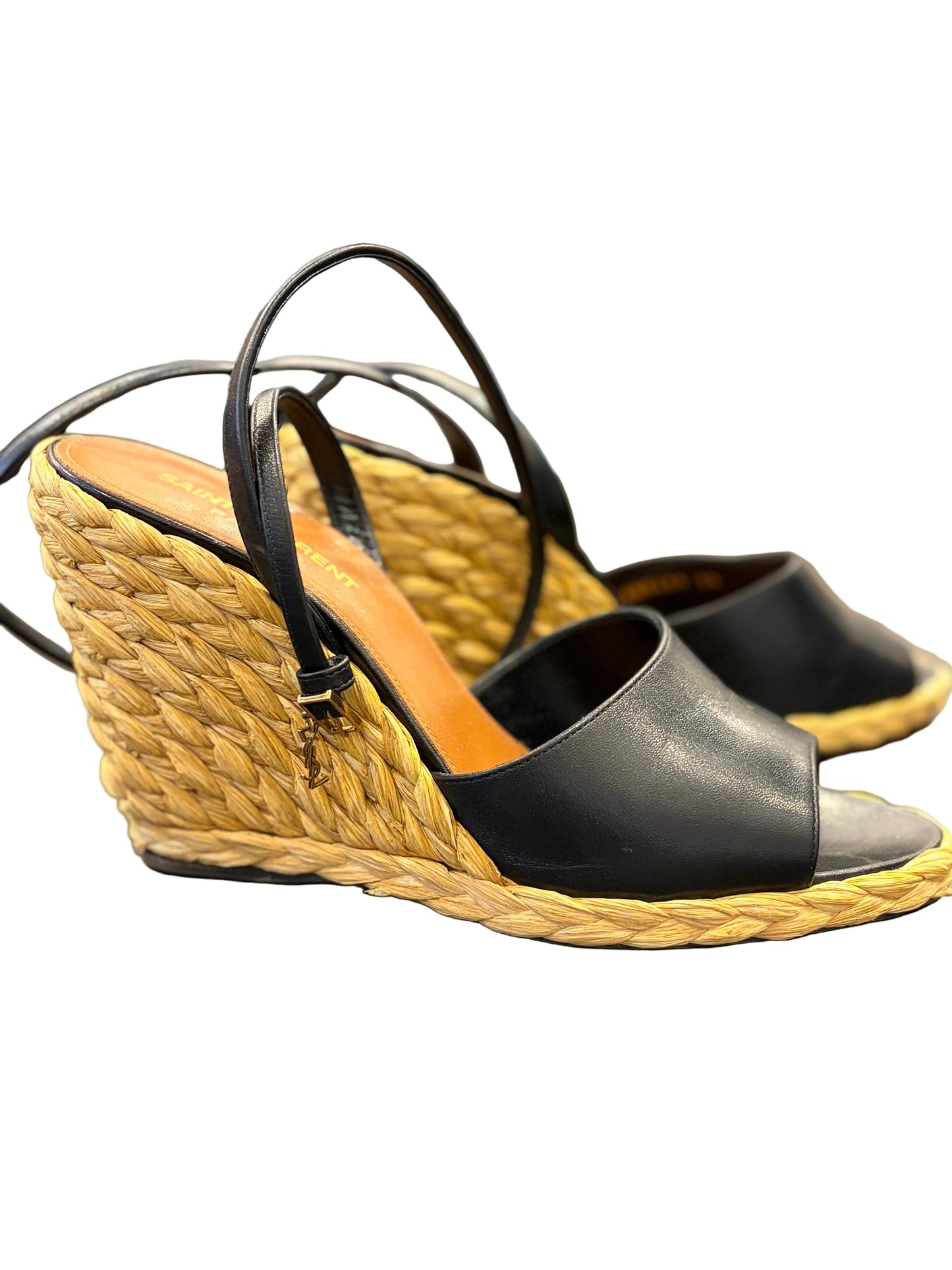 Saint Laurent Black Leather Espadrille Wedge Sandals - Size 38