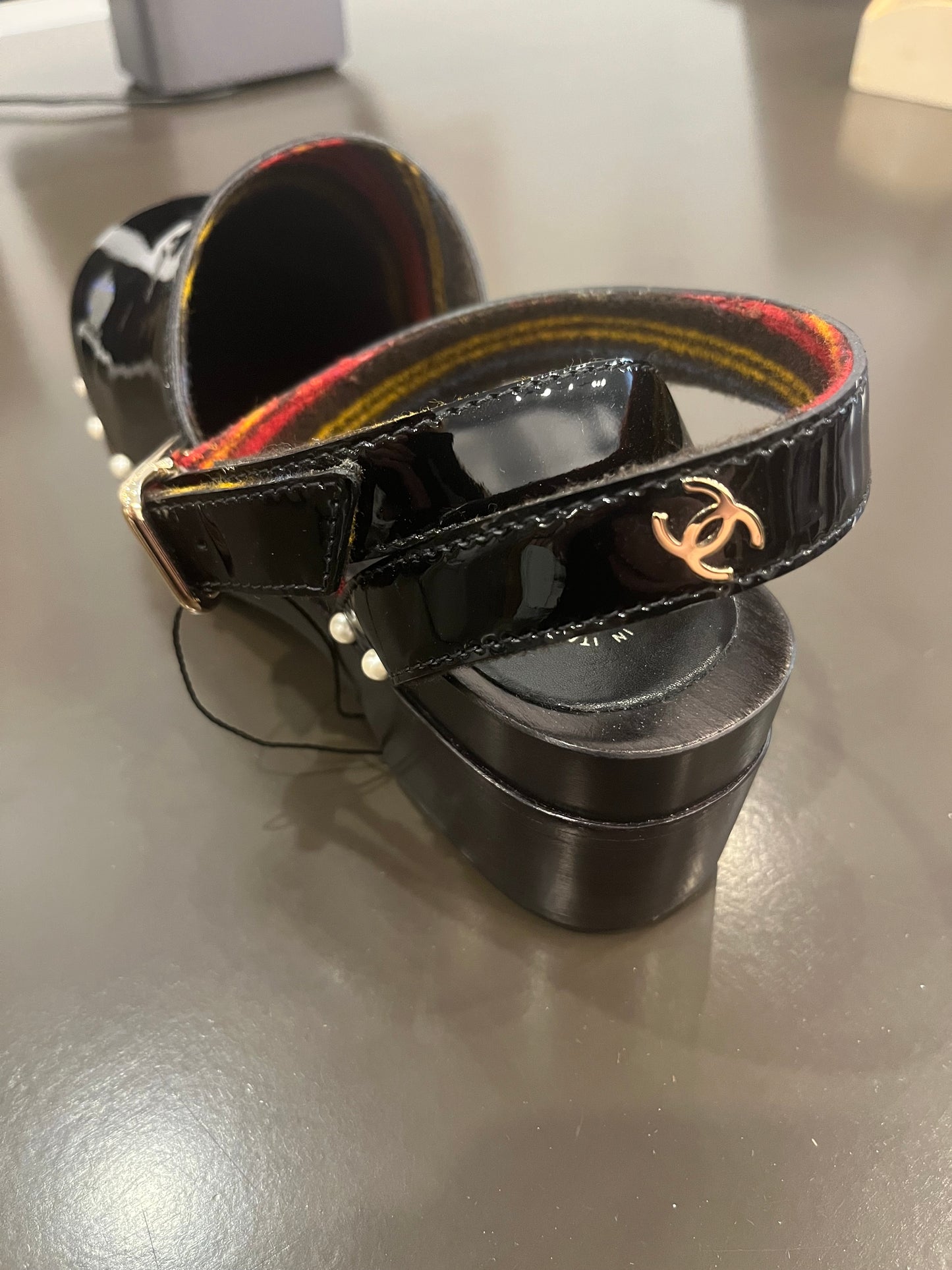 Chanel black patent pearl clogs 39