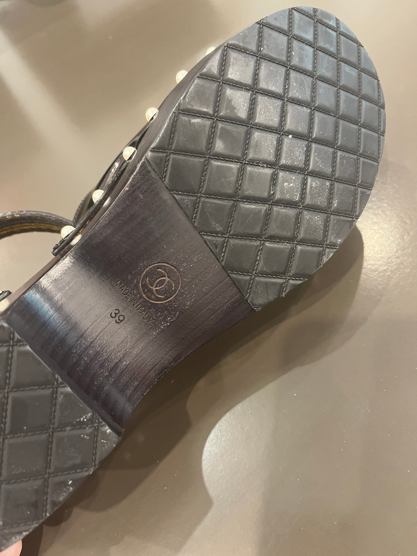 Chanel black patent pearl clogs 39