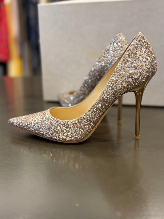 Jimmy Choo Abel Glitter Pointed-Toe Pumps – Nude Champagne – Size 36