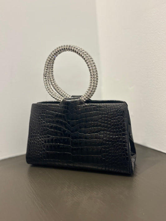 Judith Leiber Black Croc-Embossed Crystal Handle Bag