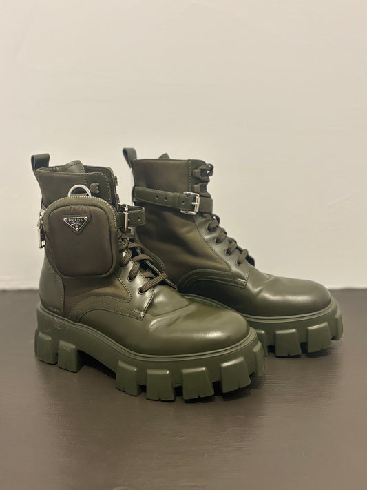 Prada Monolith Nylon & Leather combat botts with pouch 39.5