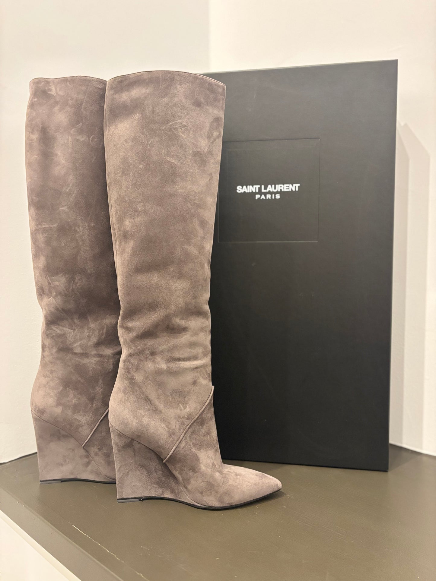 St. Laurent Tall gray wedge boot 36