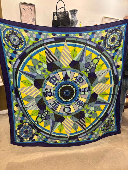 Hermès “Rose de Compas” Cashmere/Silk Shawl 140 – Blue/Green/Yellow