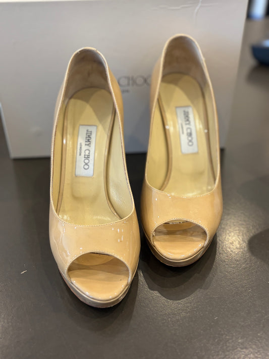 Jimmy Choo Luna Nude Patent Leather Peep-Toe Platform Pumps - 38.5
