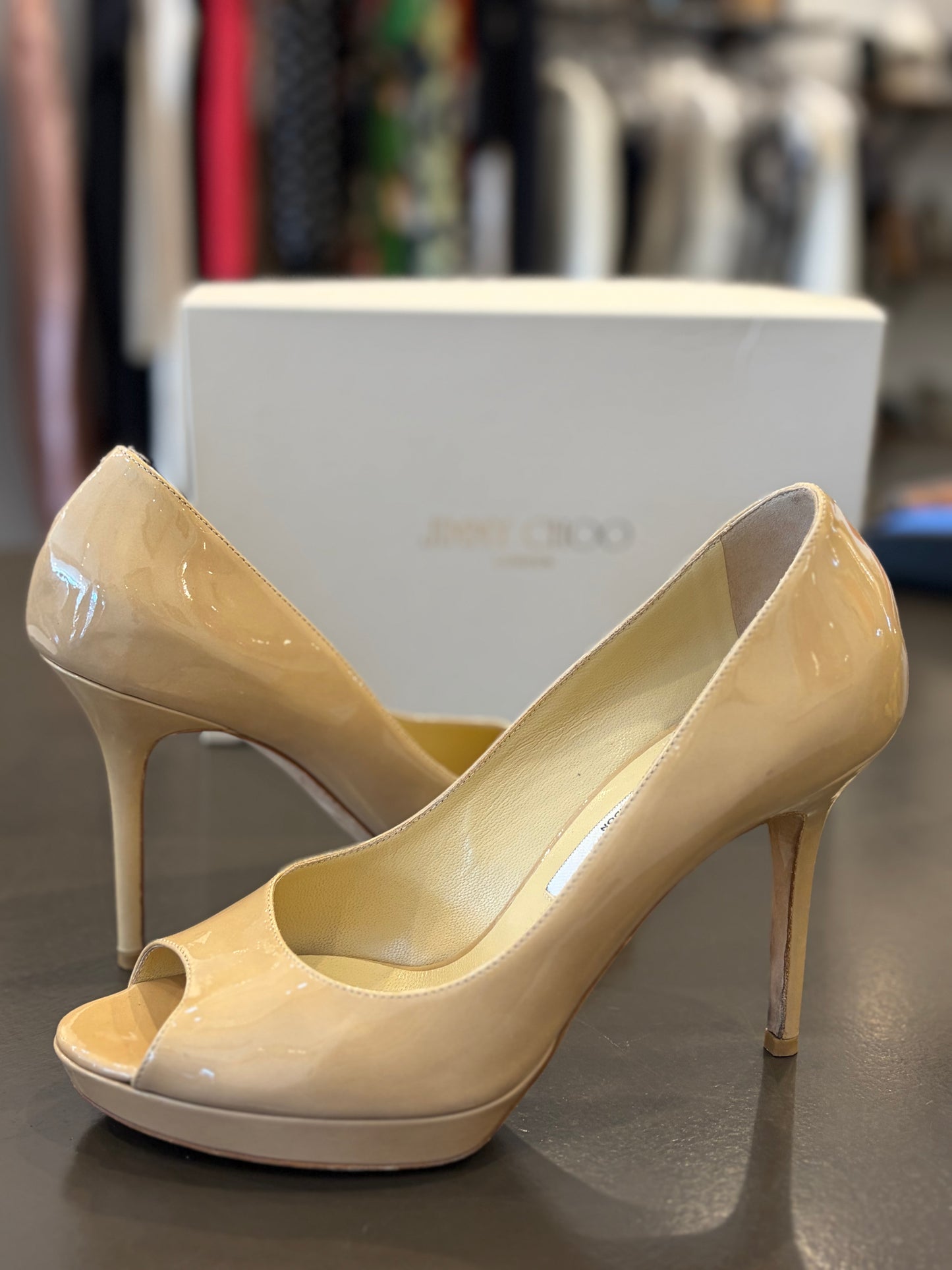 Jimmy Choo Luna Nude Patent Leather Peep-Toe Platform Pumps - 38.5
