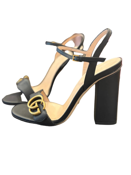 Gucci Lifford GG Marmont Black Lether Ankle Strap Block heel Sandals - 36