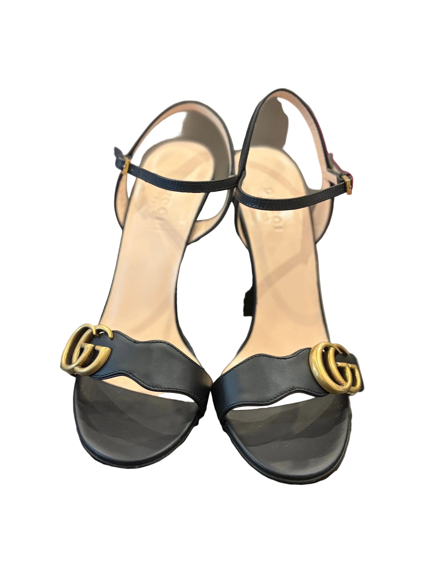 Gucci Lifford GG Marmont Black Lether Ankle Strap Block heel Sandals - 36