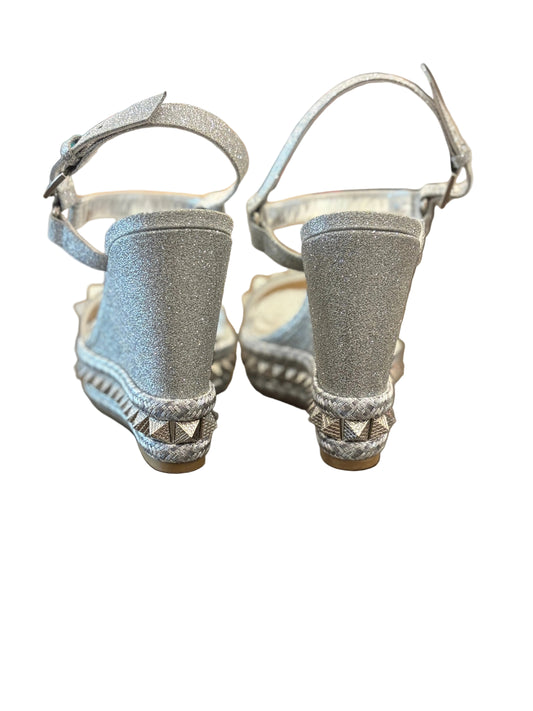 Christian Louboutin Silver Glitter Studded Platform Wedge Sandals - Size 39