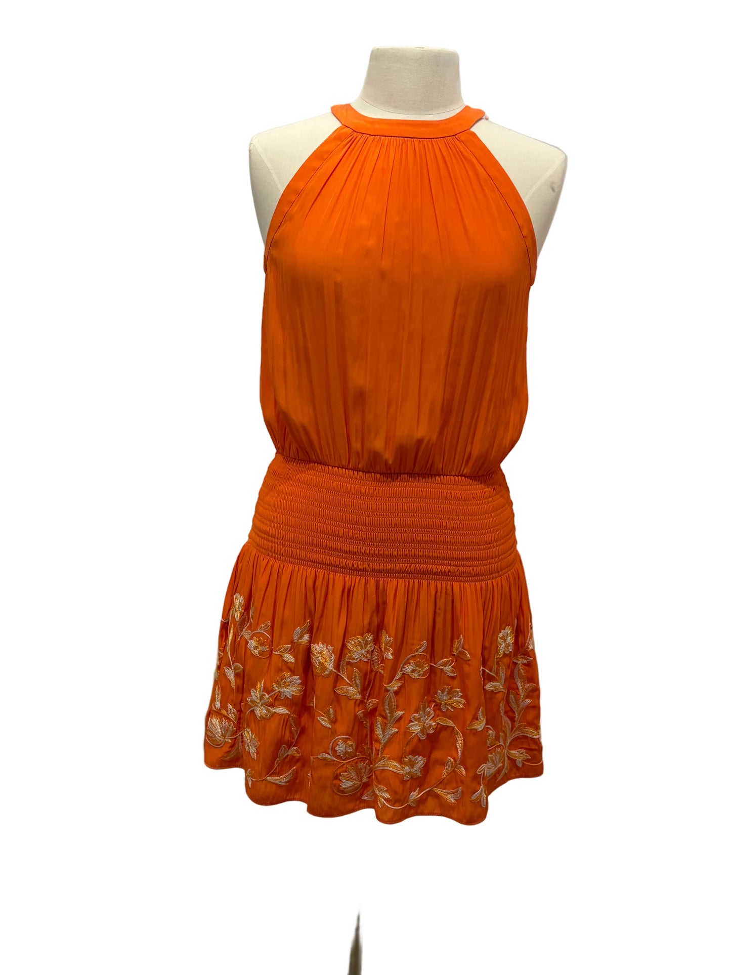 Ramy Brook Orange Pleated Slvl Midi Dress with Smocked Waist Embroidered Hem - XS