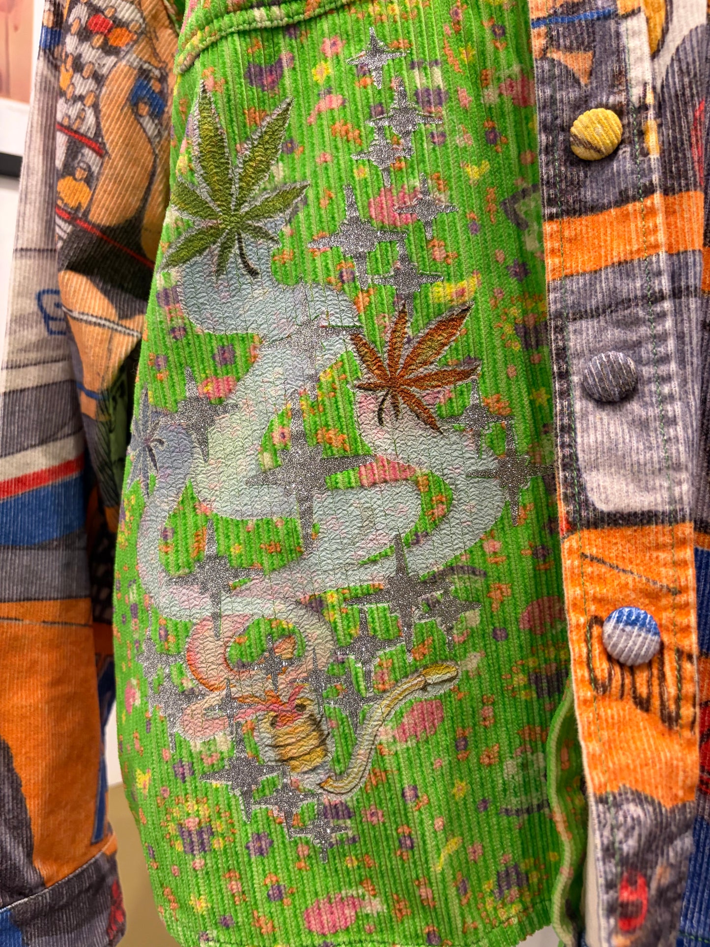 ERL Mixed Print Corduroy Overshit Jacket- Patchwork button front - Large