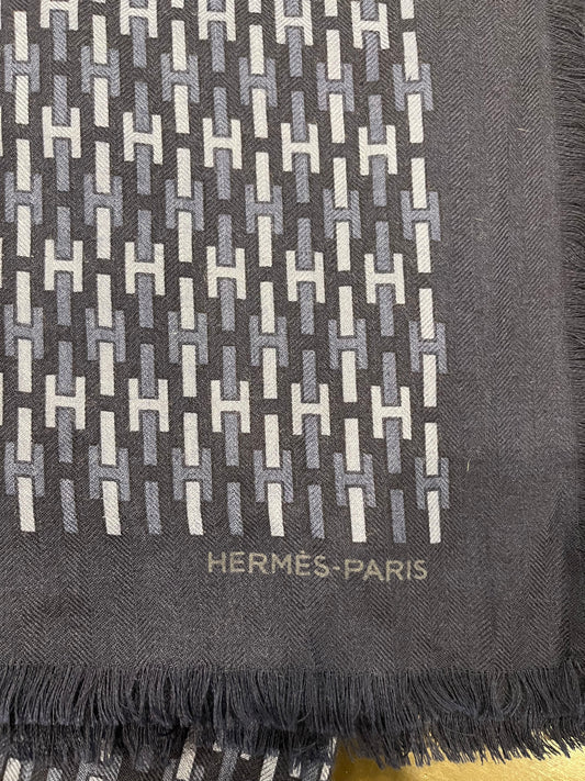 Hermes H Logo Fringe Scarf Navy/Gray