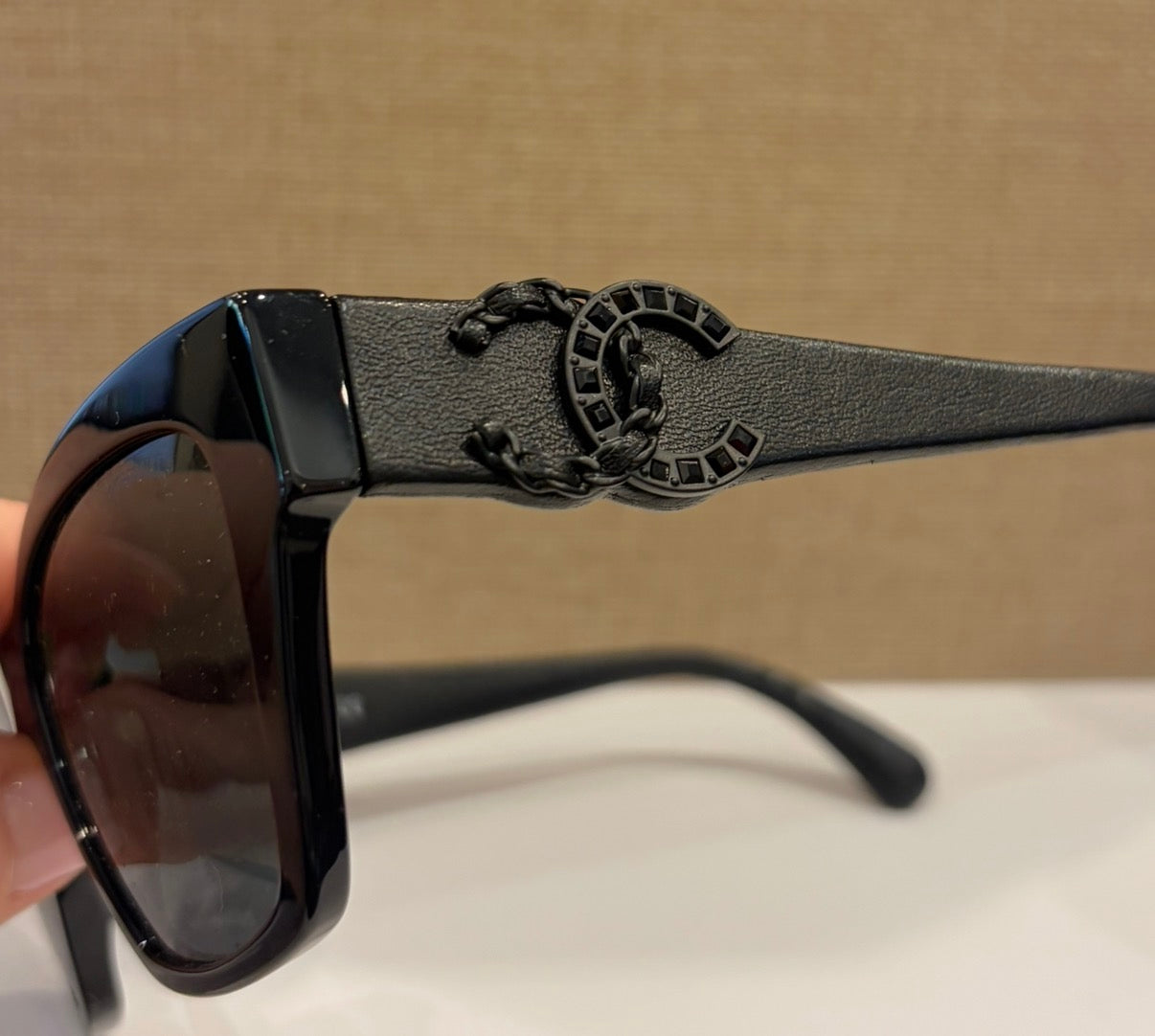 Chanel 5456-Q-B Black Oversized Sunglasses Black Crystal CC Chain Detail