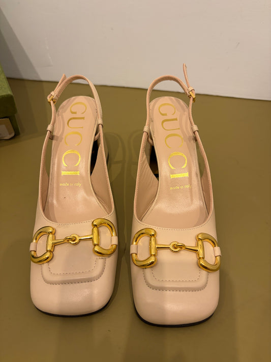 Gucci Beige Leather Horsebit Block Heel Slingbacks - 37.5