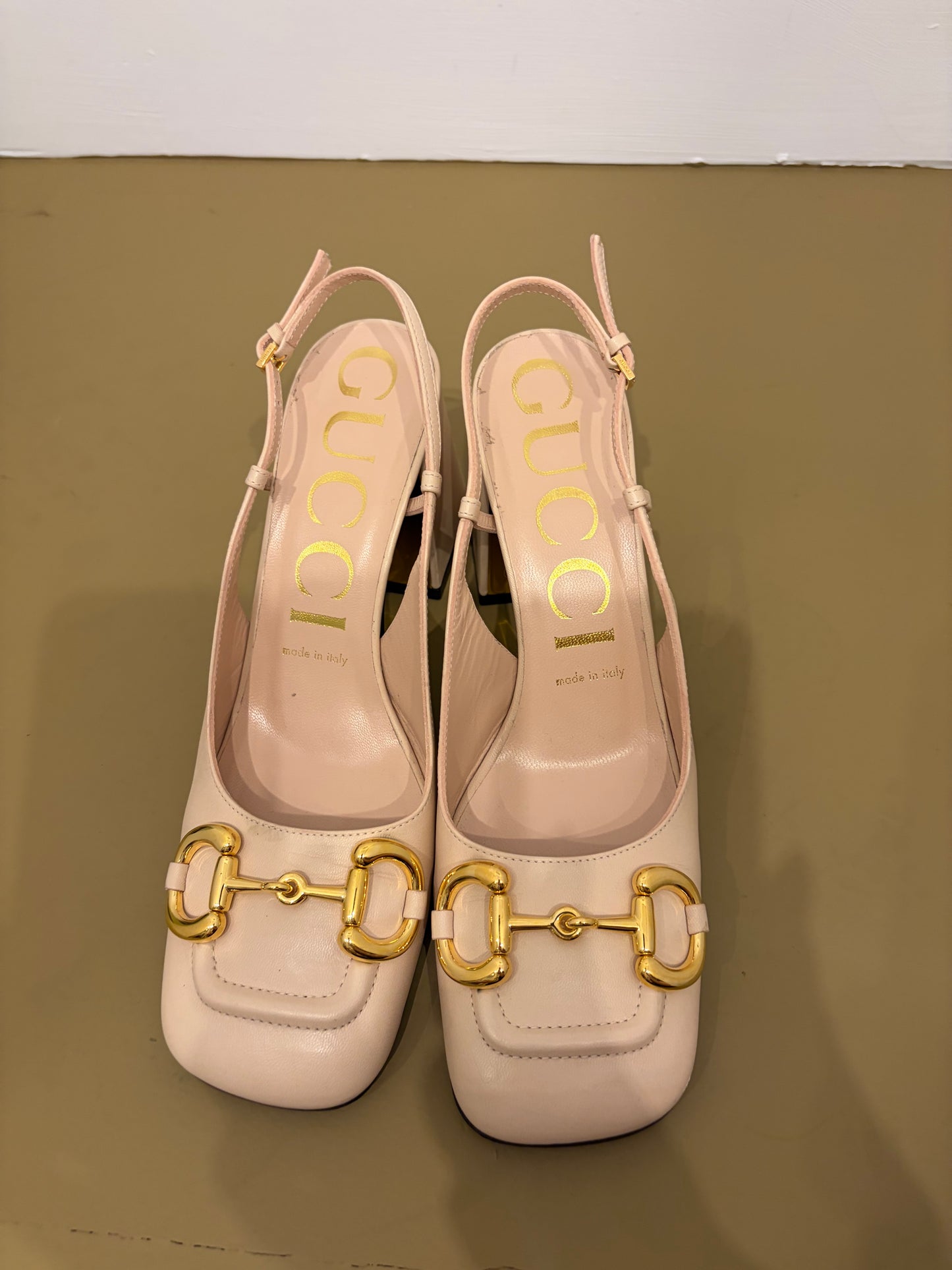 Gucci Beige Leather Horsebit Block Heel Slingbacks - 37.5