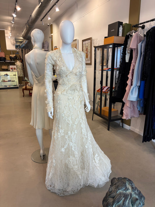 Elie by Elie Saab Ivory 3D Floral Lace Mermaid Wedding Gown Illusion Bridal Dress Size 0