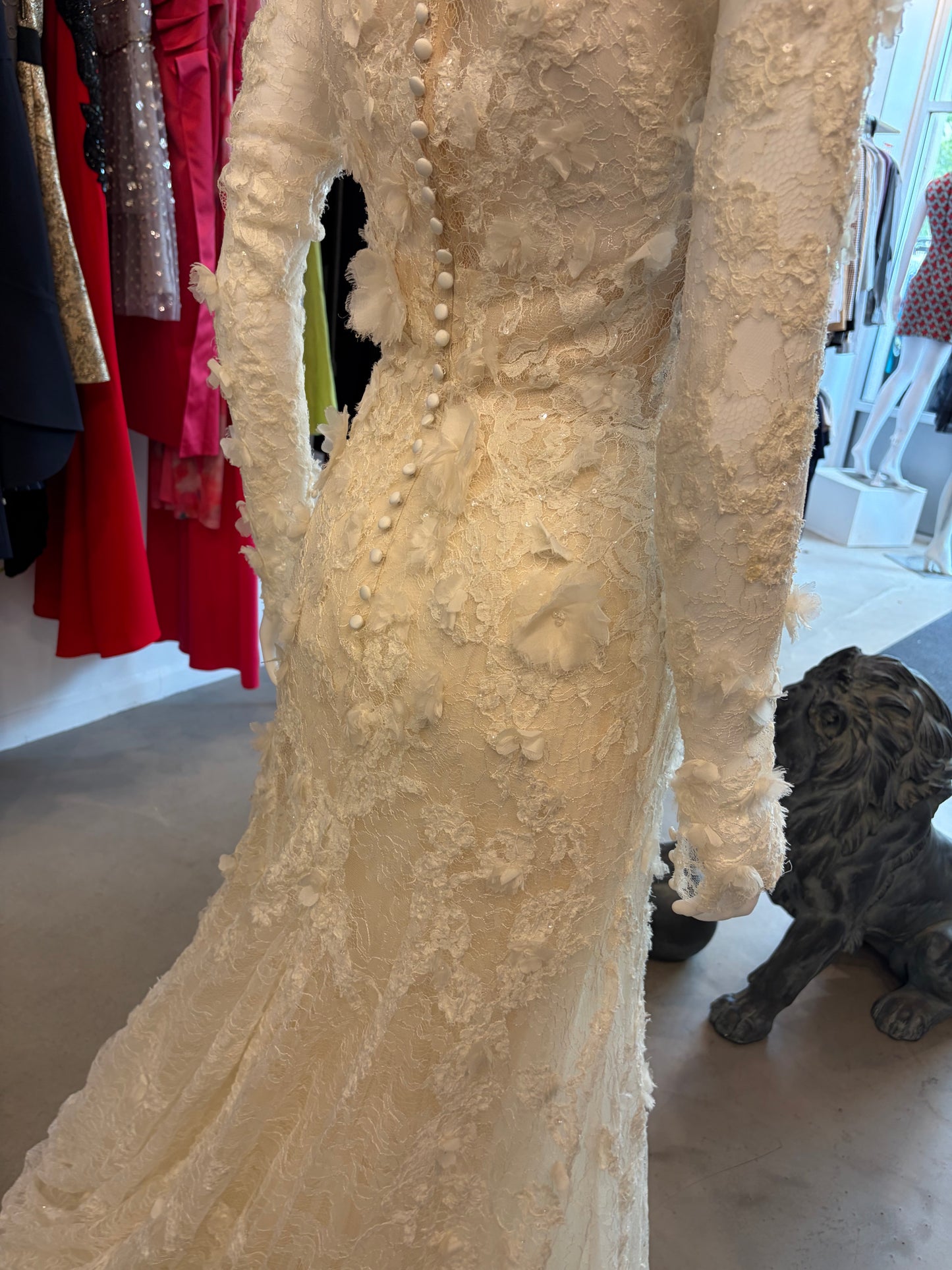 Elie by Elie Saab Ivory 3D Floral Lace Mermaid Wedding Gown Illusion Bridal Dress Size 0