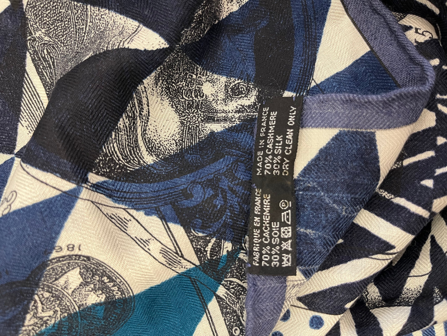 Hermès Cashmere & Silk Shawl 140 Blue Geometric Patchwork Design