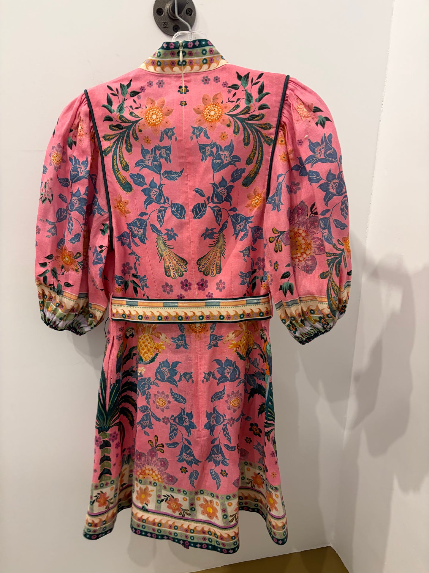 Zimmerman Pink Tropical Floral Linen Mini Dress with Belt/Puff Sleeve - Size 0