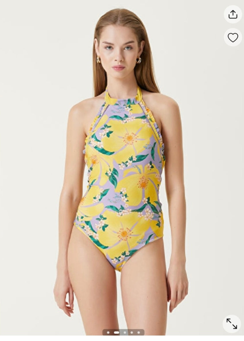 Farm Rio One piece Bathing Suit Floral Yellow Floral Halter Neck