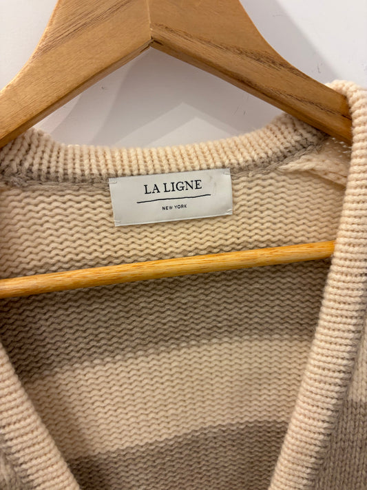 La Ligne Cream & Taupe Striped Cardigan Oversized Chunky Knit - Small