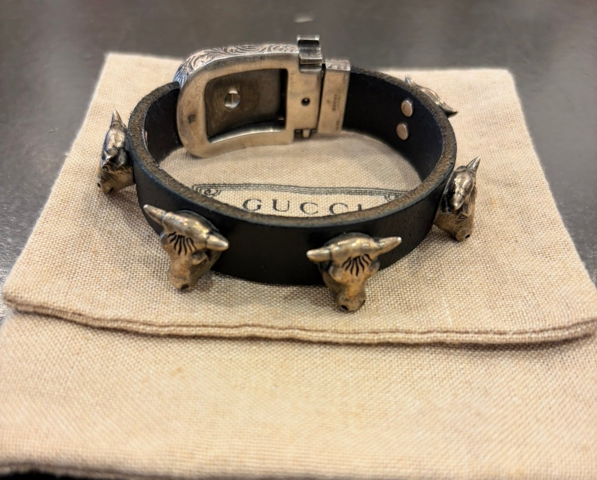 Gucci Leather Wrap Anger Forest Bull Head Wrap Bracelet 925 - 19