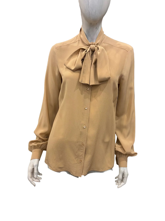 Gucci Silk Pussybow Blouse – Camel – Size 40