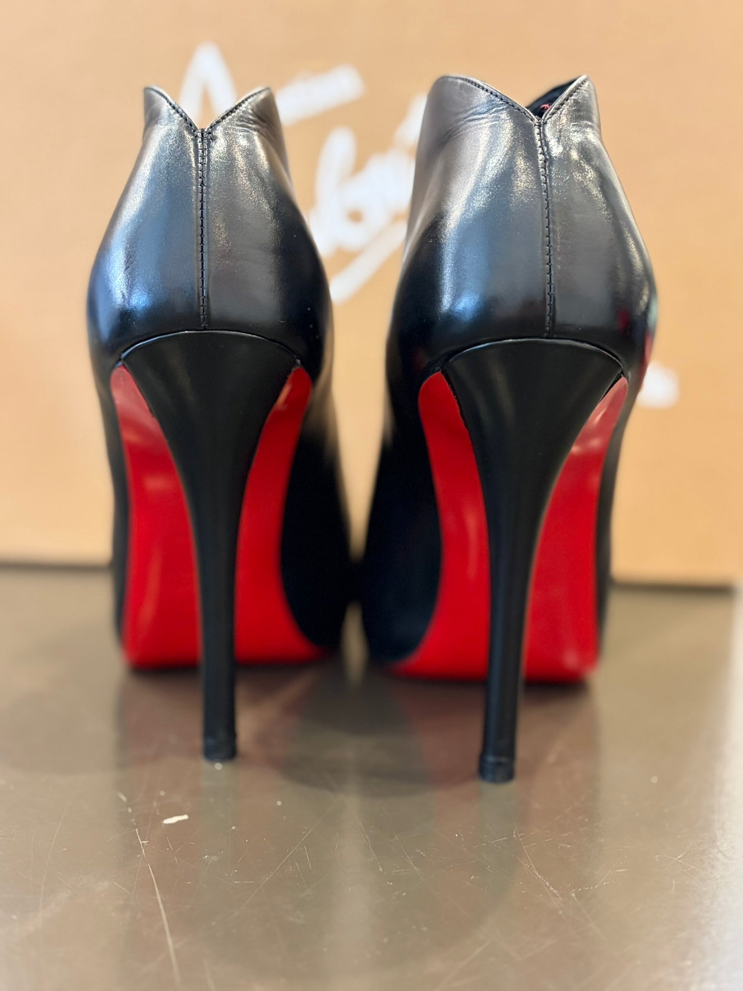 Christian Louboutin Chester Fille 120 Black Leather Peep Toe Booties - 36