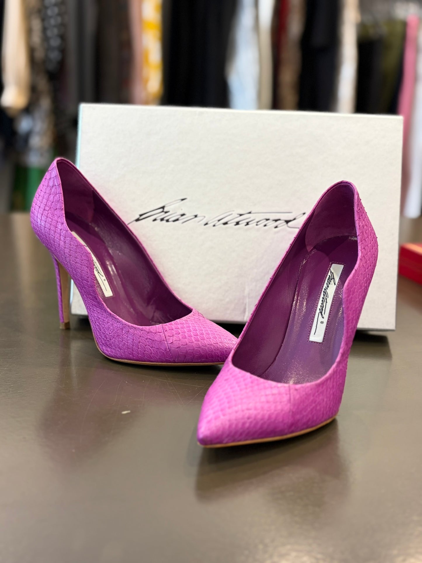 Brian Atwood Besame 100 Pink Snakeskin Embossed Pumps - 35.5