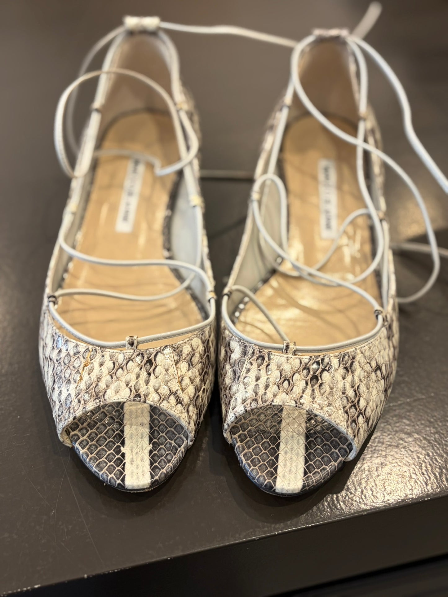 Manolo Blahnik Snakeskin Lace-Up Flat Sandals - 38