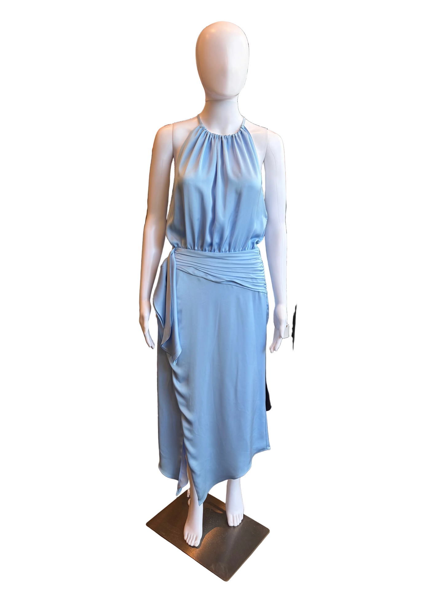Ramy Brook Sky Blue Satin Halter Midi Dress Ruched Waist /Assym Hem - Size 4
