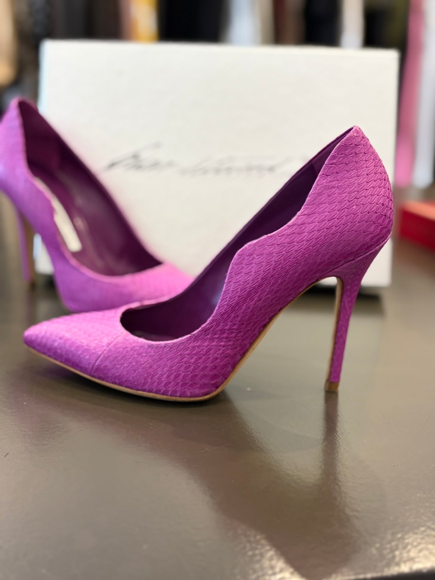 Brian Atwood Besame 100 Pink Snakeskin Embossed Pumps - 35.5