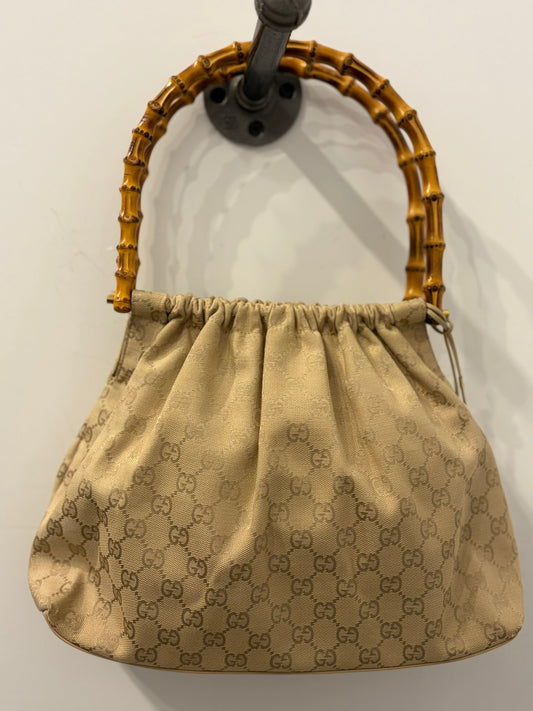 Gucci Bamboo Handle GG Canvas Hobo Bag - Beige