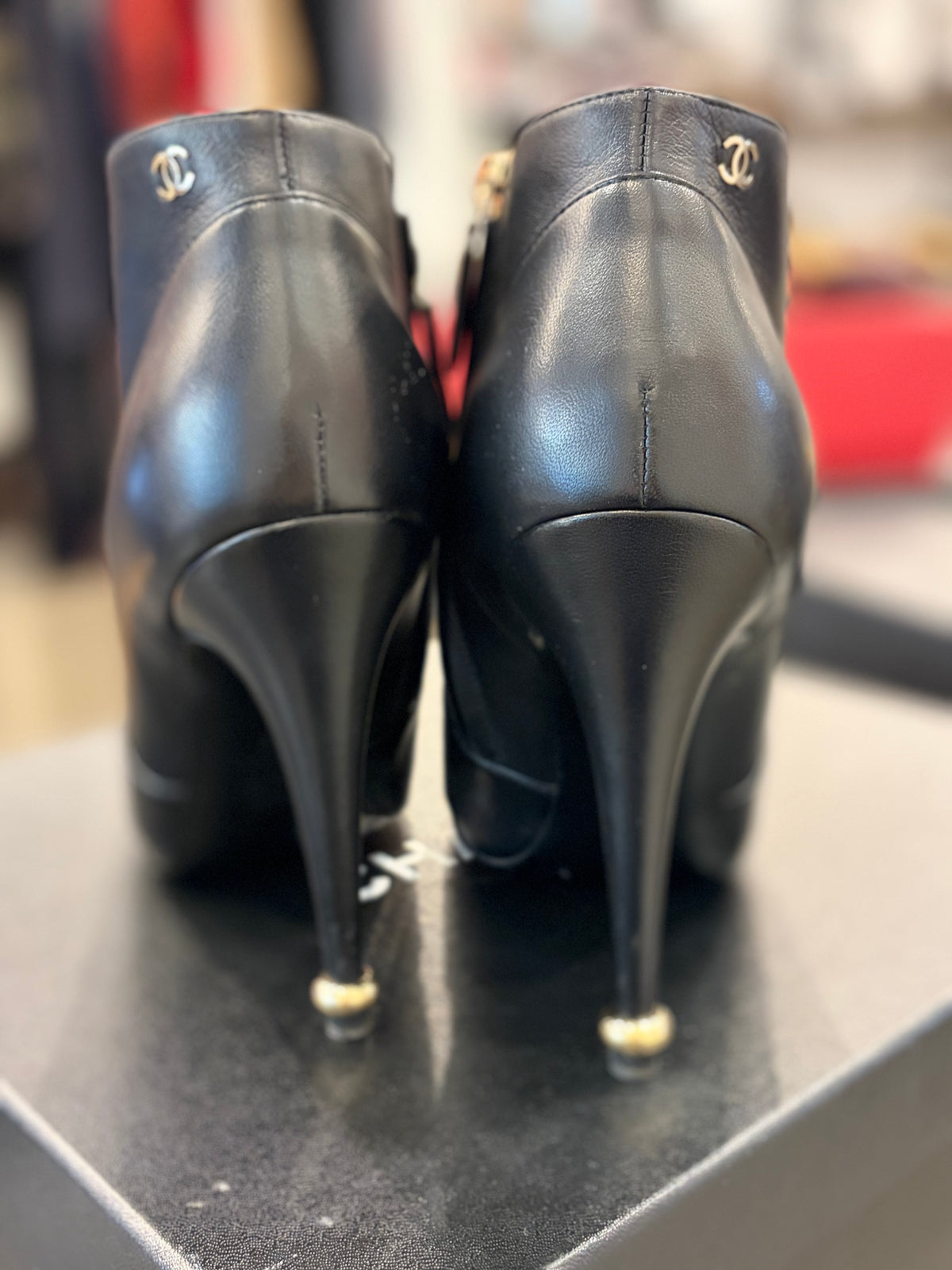 Chanel Lambskin Black Floral Ankle Boots w/box - 38
