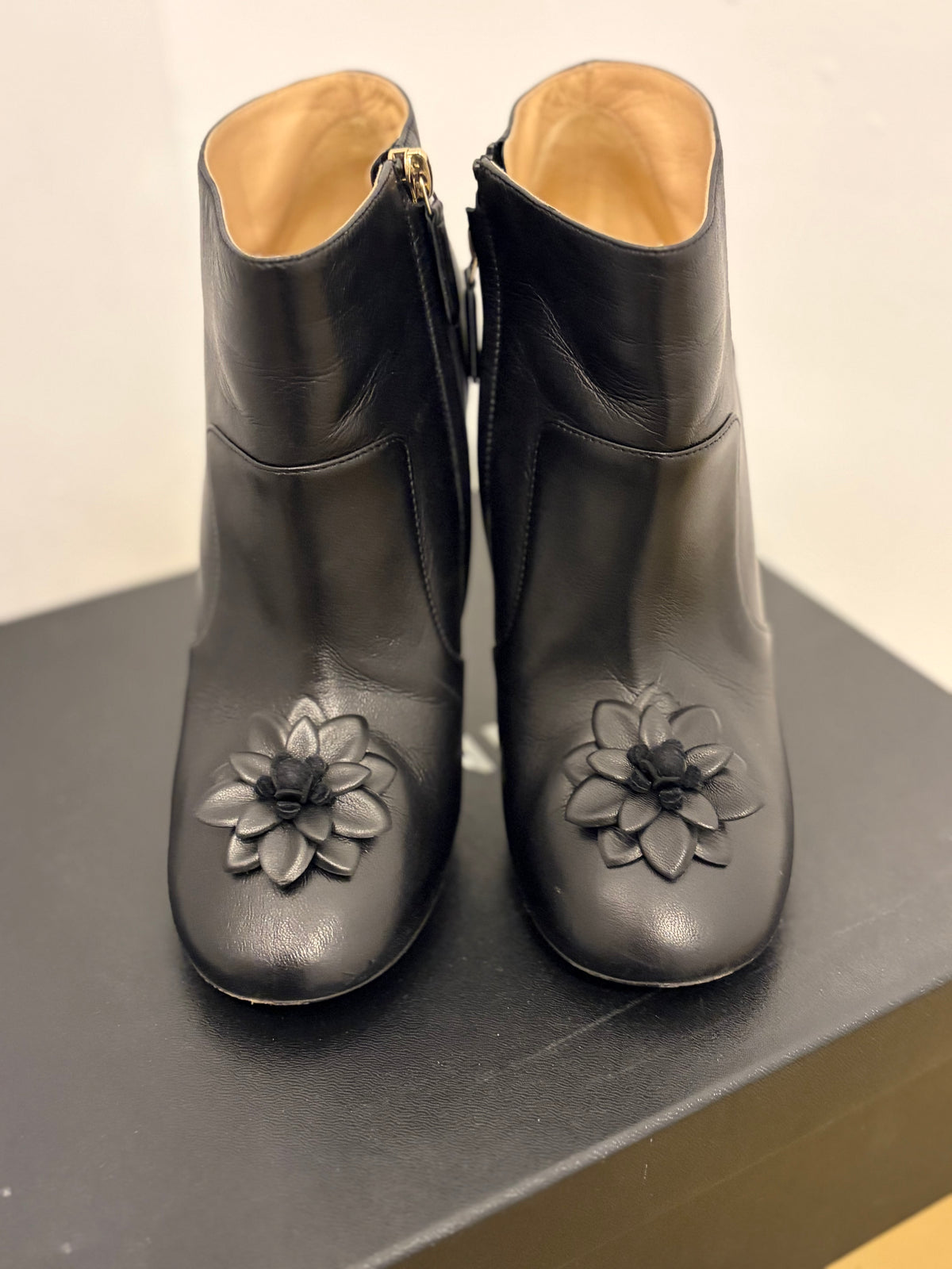 Chanel Lambskin Black Floral Ankle Boots w/box - 38