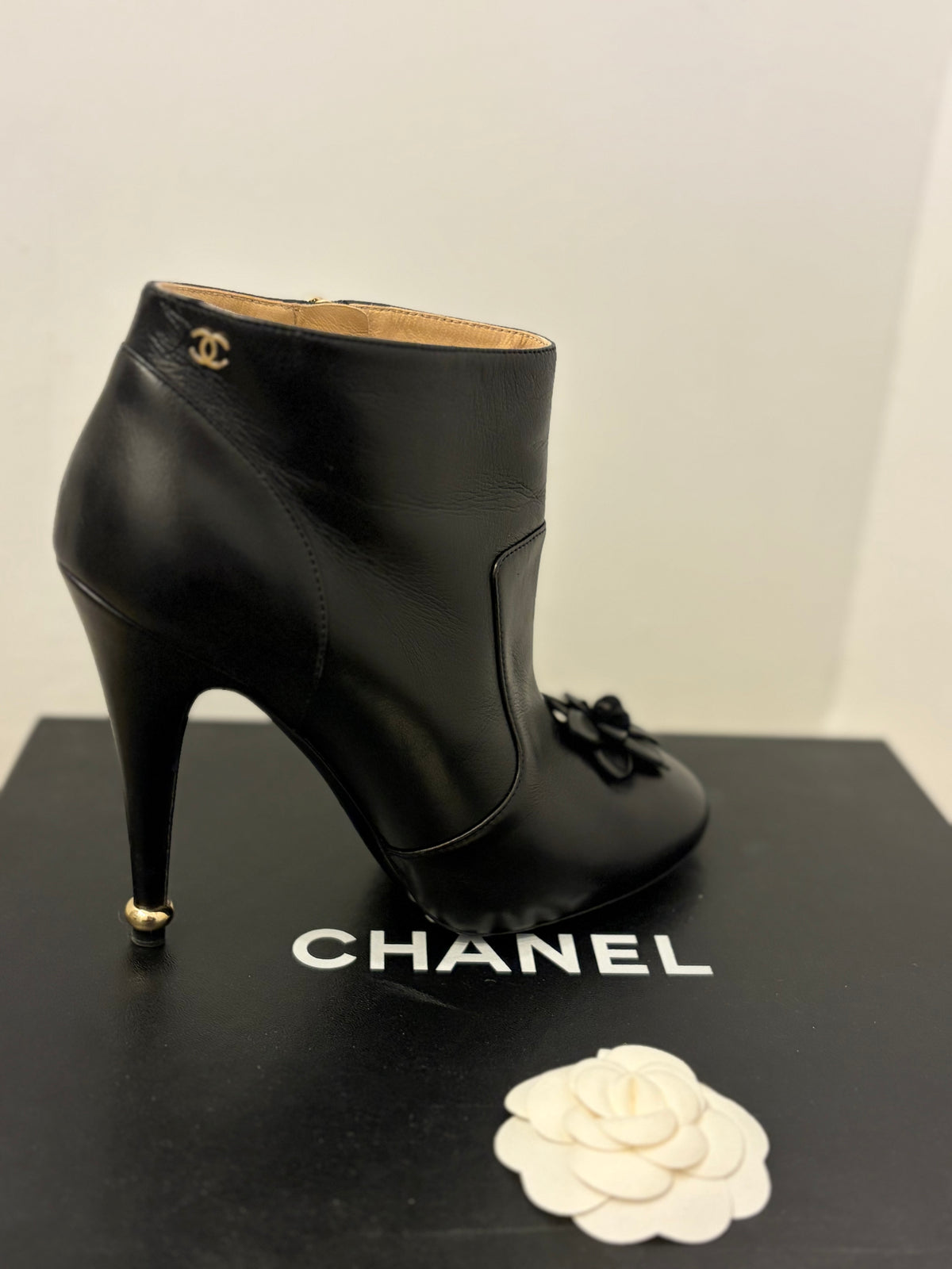 Chanel Lambskin Black Floral Ankle Boots w/box - 38
