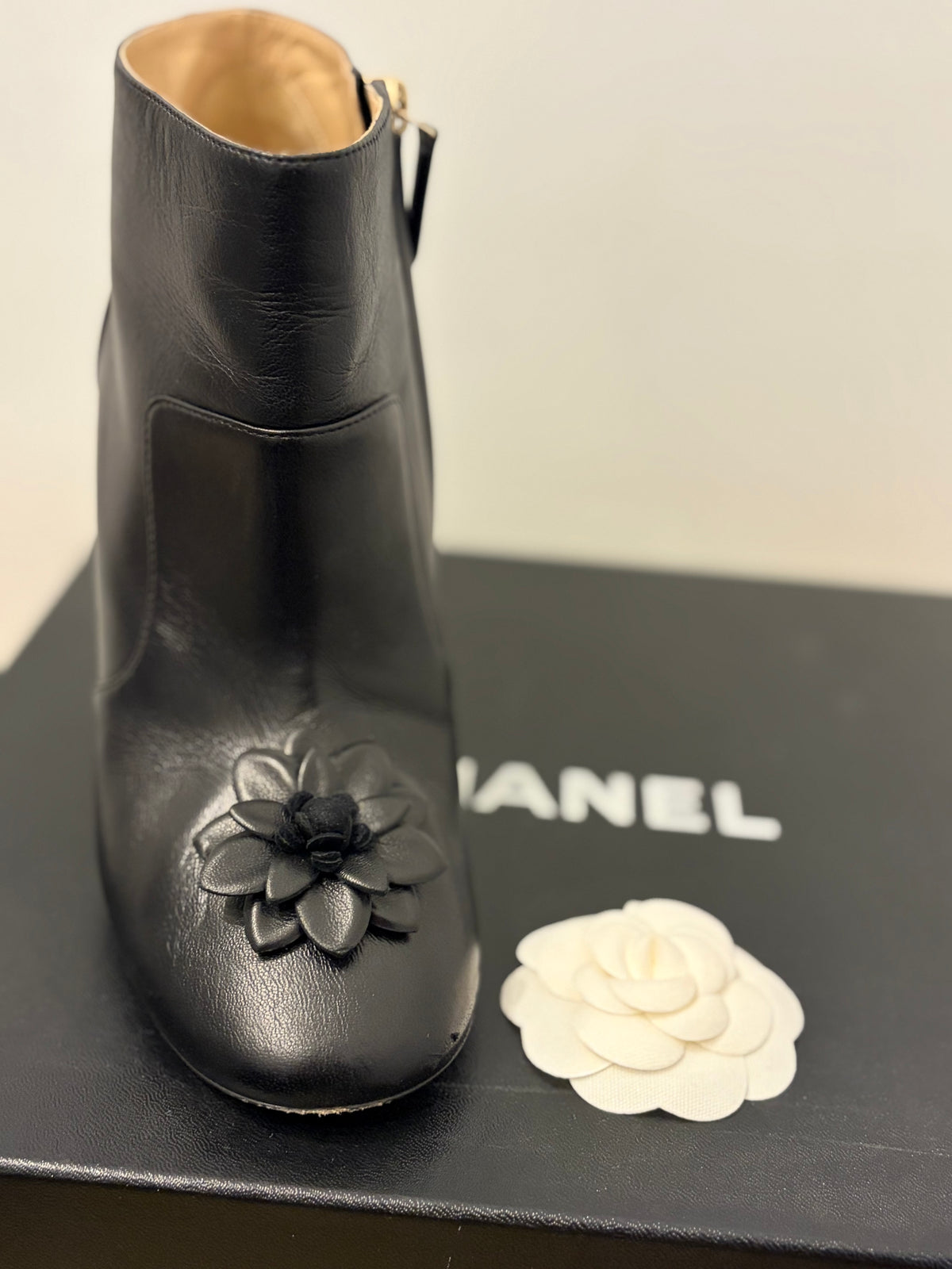 Chanel Lambskin Black Floral Ankle Boots w/box - 38