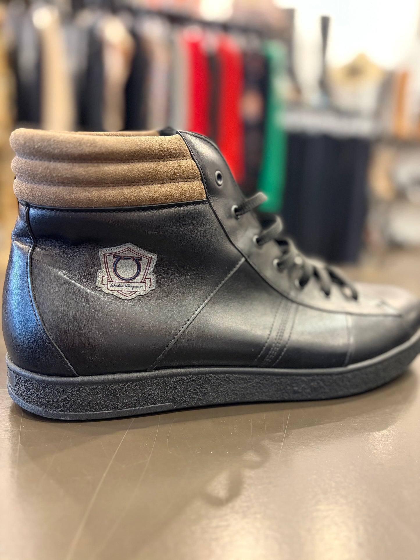 Salvatore Ferragamo Black Leather High-Top Sneakers – Men’s Size 15