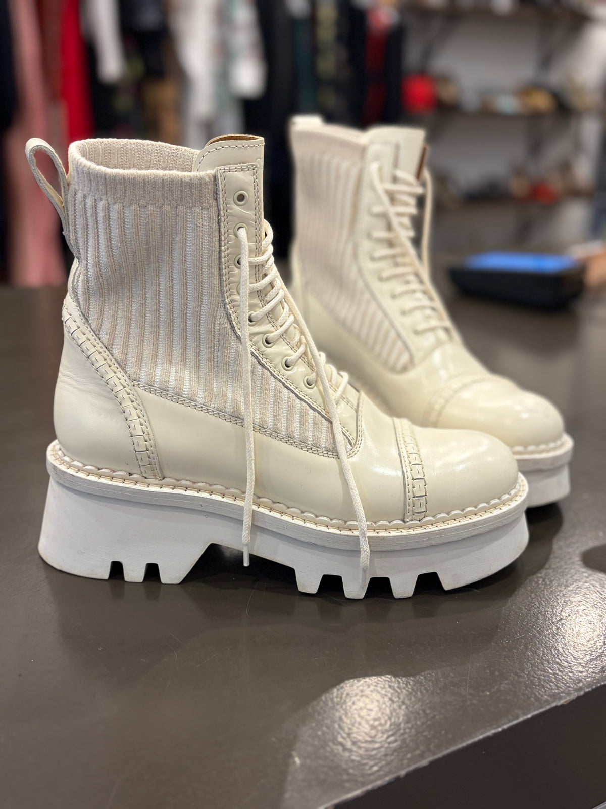 Chloe Ivory Leather & Knit Platform Combat Boots Size 39